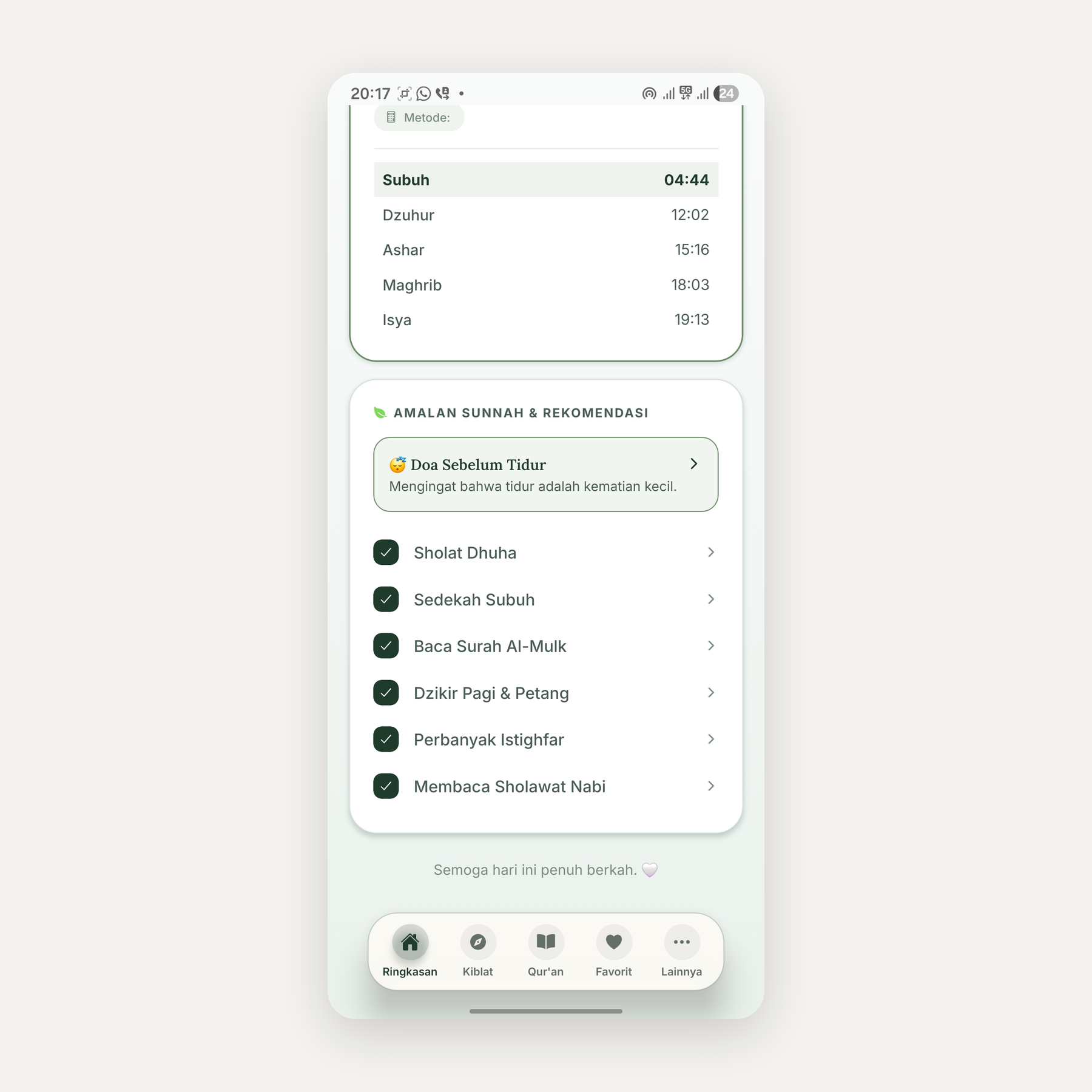 Noorly dashboard showing prayer times and the daily sunnah checklist