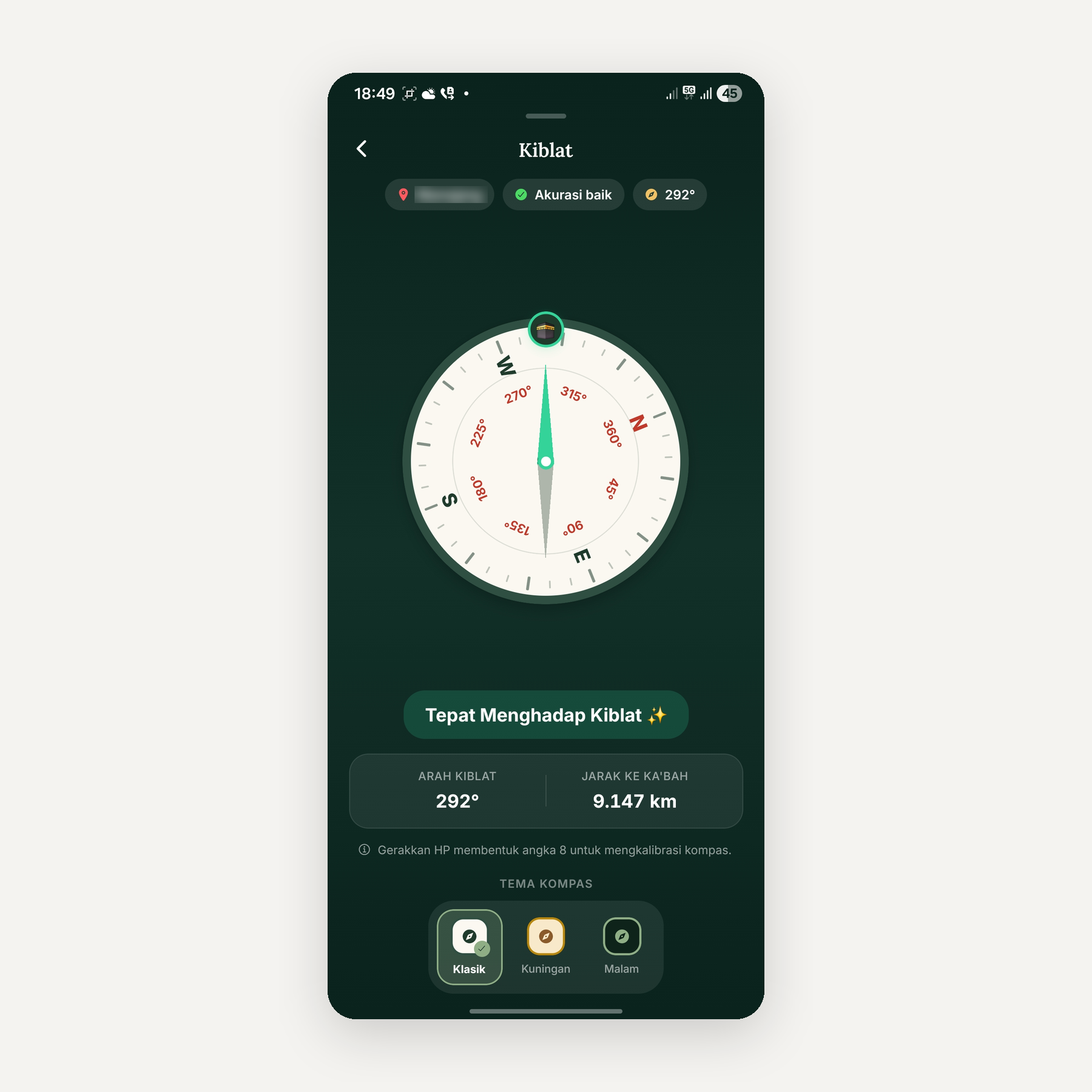 Noorly qibla compass showing direction, distance to the Kaaba, and accuracy status