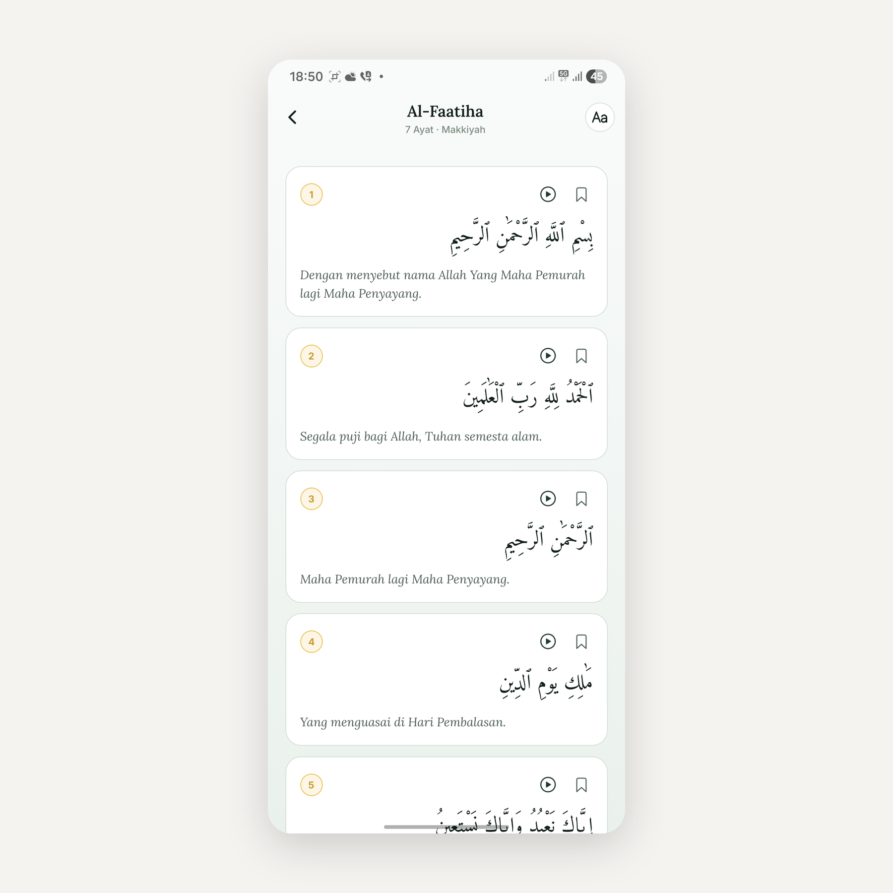 Noorly Qur'an reader showing Surah Al-Faatiha with translation and audio controls