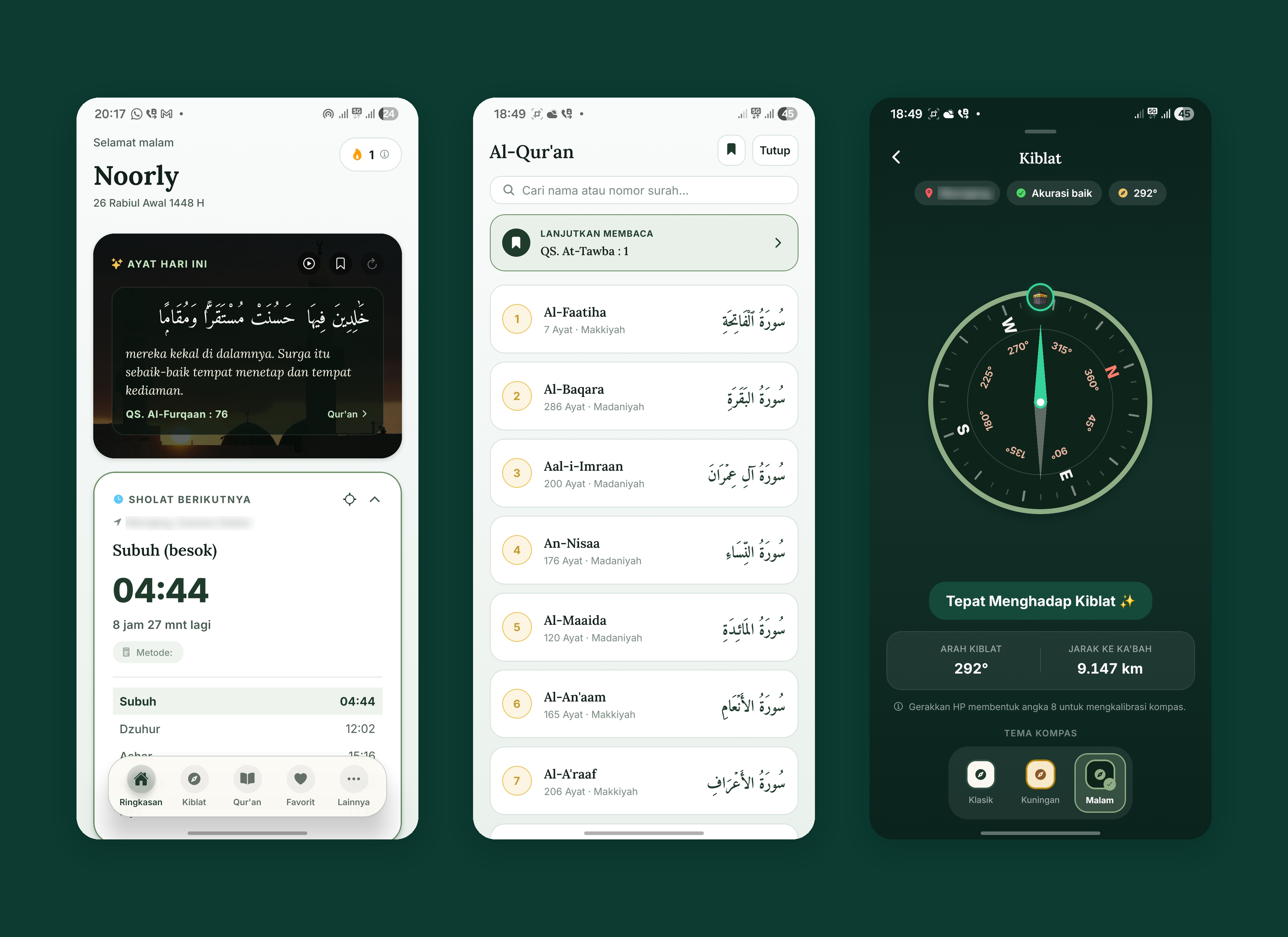 Noorly app screens showing the daily dashboard, Qur'an surah list, and qibla compass